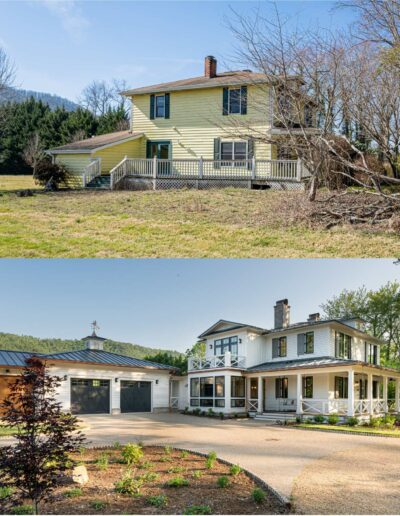 Before and after front facade - a remarkable transformation from modest to timeless charm.
