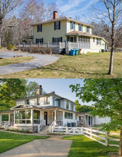 Before and after side of the house - a stunning transformation from simple to serene retreat.
